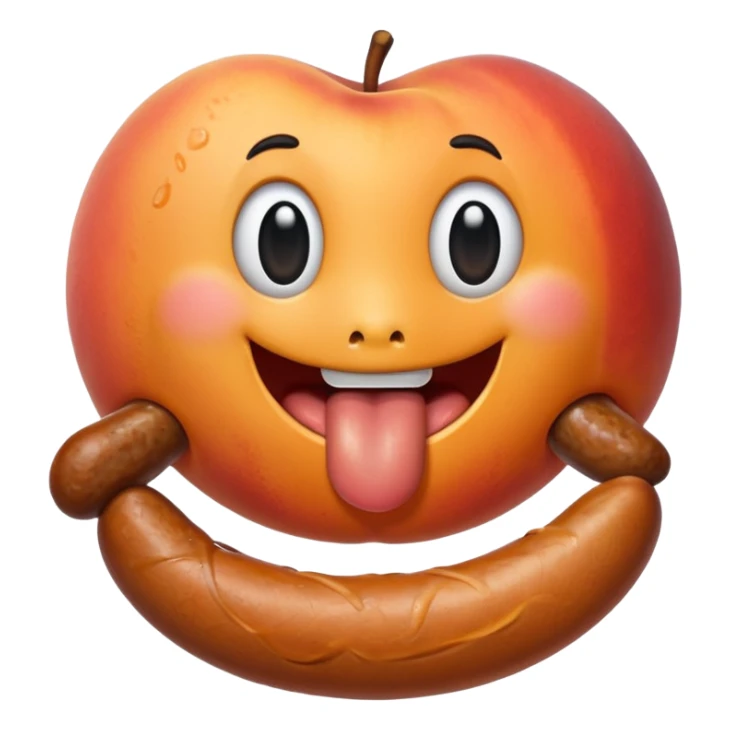 A peach with handmarks with a big bratwurst in his mouth sticker