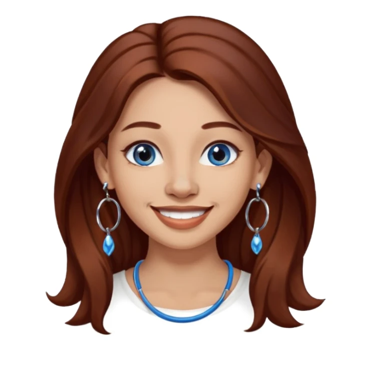 Create a custom emoji-style character inspired by a smiling woman with long dark reddish-brown hair, light skin tone, dark blue eyes, a nose piercing on each nostril, and hoop earrings. sticker