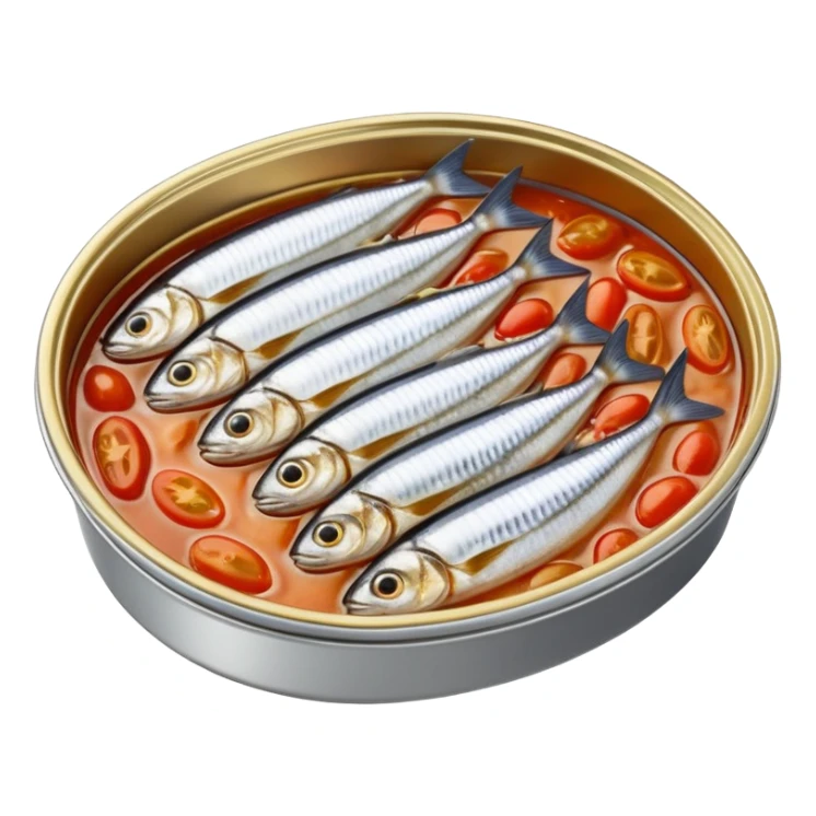 open oval tin showing tightly packed whole sardines in shiny silver skin, slightly overlapping and nestled in golden oil or tomato sauce, clean outlines, glossy preserved texture, no fork, garnish, or label, just the open tin and contents, soft lighting, subtle shadows, emoji scale sticker