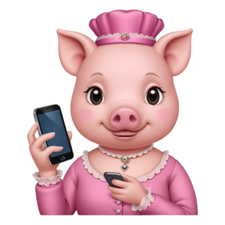 girl pig in victorian pink finery scrolling on a cell phone sticker