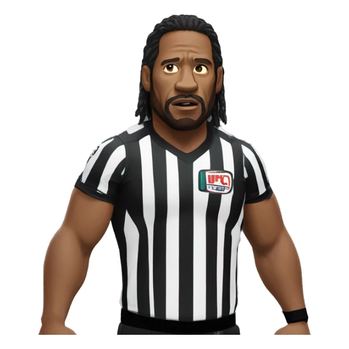 ufc referee herb dean shrugging his shoulders with a black shirt sticker