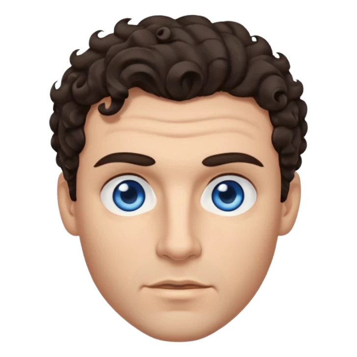 A man emoji with light skin, wavy dark brown hair styled with a curl falling on his forehead, thick dark eyebrows, striking blue eyes, a straight nose, and a clean-shaven face with a neutral expression. sticker