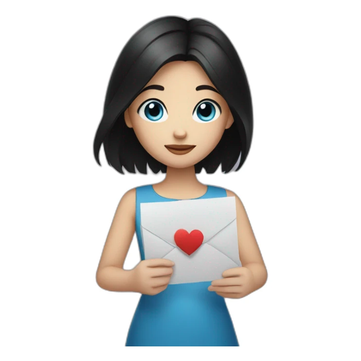 girl with black hair and blue eyes holding a love letter sticker