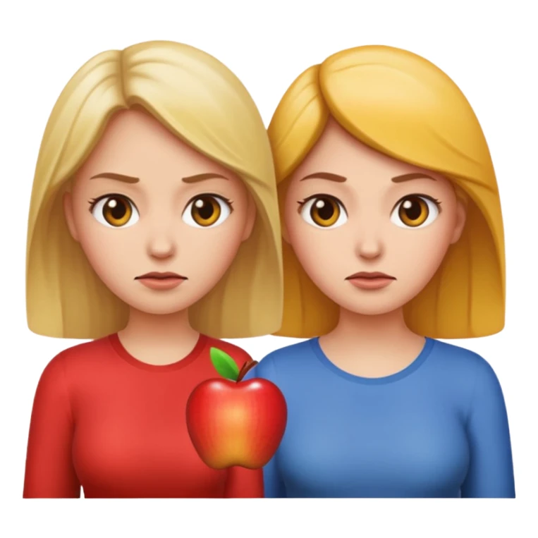 two women facing each other, one looking upset, the other looking smug, apple emoji style sticker
