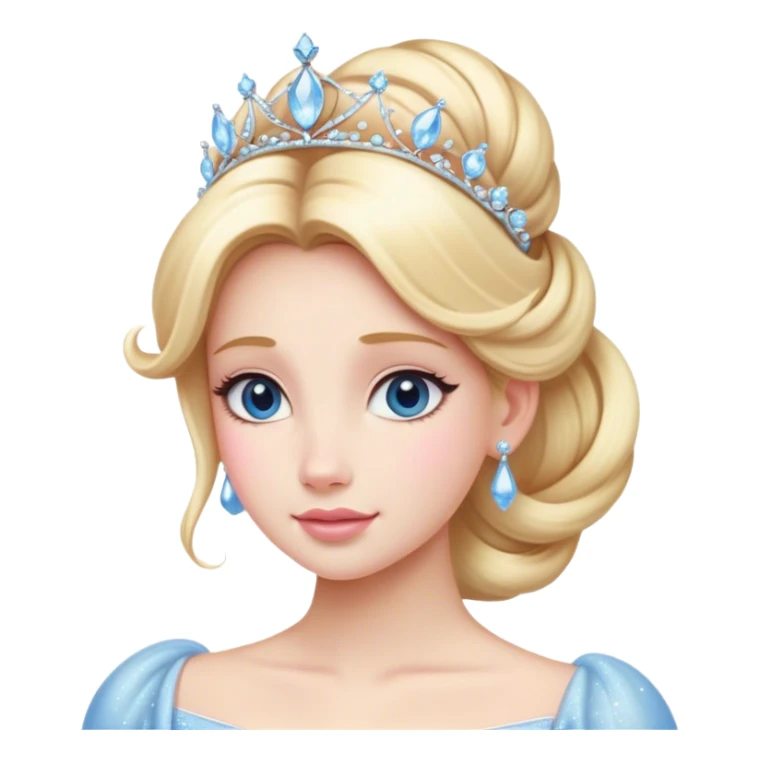 Cinematic Majestic Cinderella Portrait Emoji, rendered in a realistic, vector-style with clean, bold shapes. Depict Cinderella with a refined, noble expression, her fair skin luminous and her long blonde hair styled in an elegant updo, adorned with a delicate tiara. Her attire is a simple, sparkling ball gown that radiates soft pastel hues, glowing with a soft, majestic light and a subtle glowing outline, epitomizing classic royal beauty. sticker