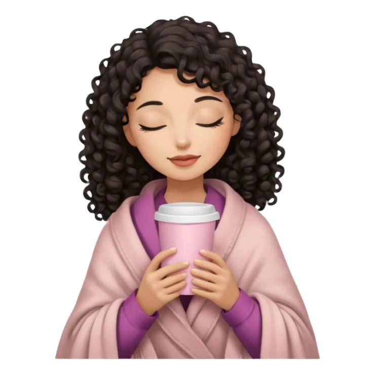 woman with medium tone, black long 3b curls, closed eyes, feminine face, holding soft pink coffee cup with beige blanket over shoulders sticker