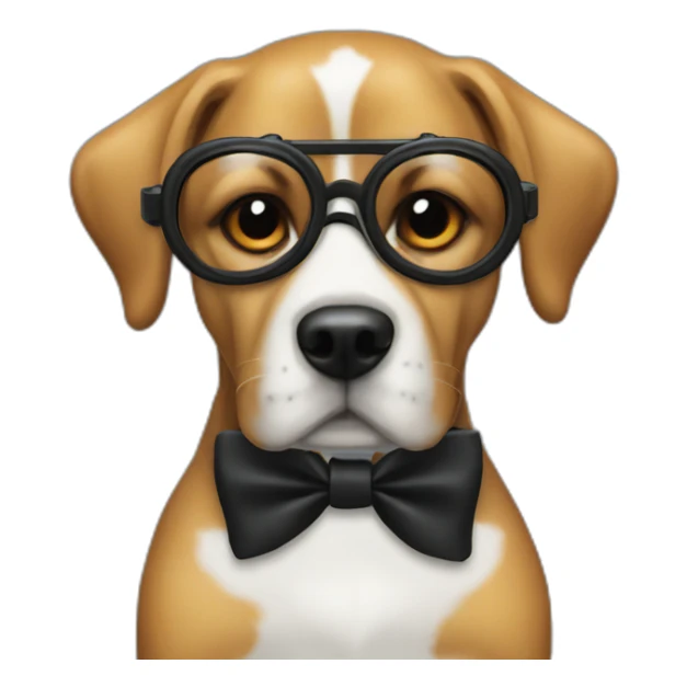 Dog with black suit, goggles and a bow tie sticker