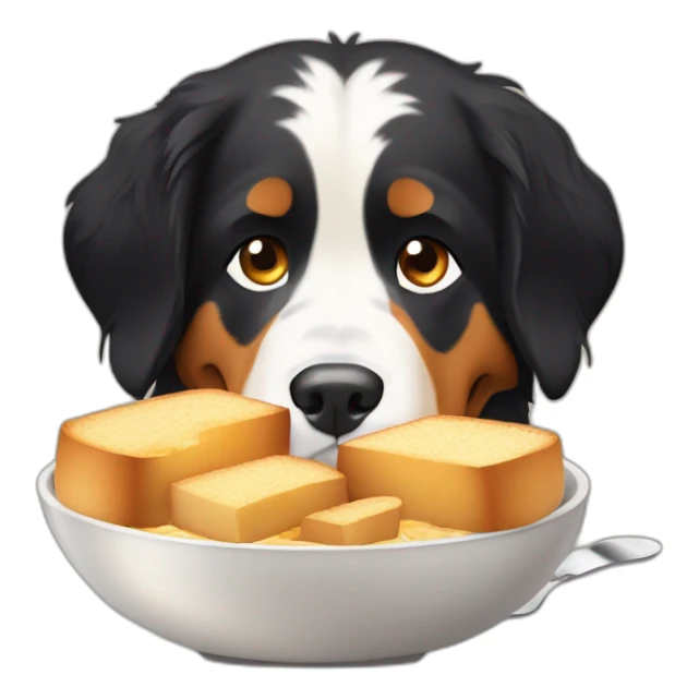 bernese mountain dog eating swiss fondue with bread sticker