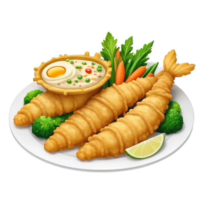 Tempura Cinematic Realistic Tempura Dish Emoji, depicted as extra crispy, lightly battered seafood and vegetables, rendered with vivid textures and dynamic, bright lighting. sticker