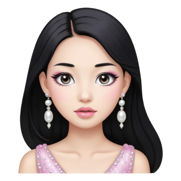 asian long black hair silver grey eyes glossy lips glittery white and light pink eyeshadow girl pearl earrings sticker