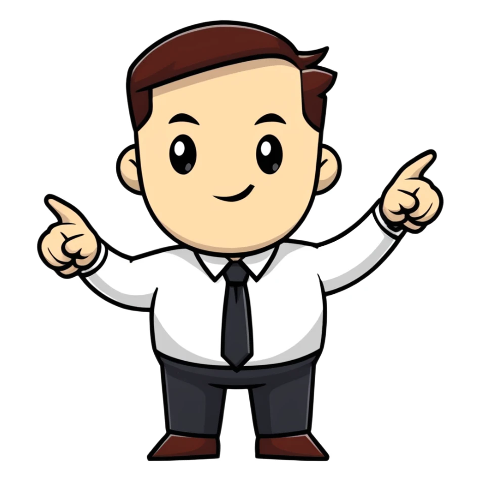 Boss character with a confident pose, business attire, pointing forward sticker