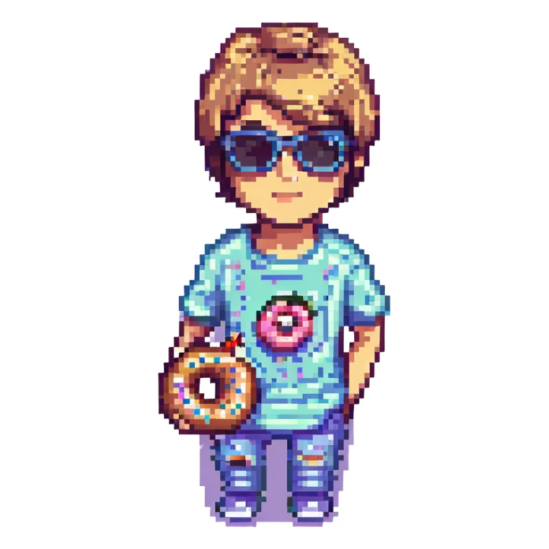 Add sunglasses to Justin Bieber while he holds a donut, keep pixel art style, no background, sunglasses added on face, donut in hand visible clearly. sticker