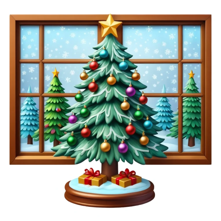 3D rendering realistic still life ultra detailed, christmas tree lit up by a frosty window sticker