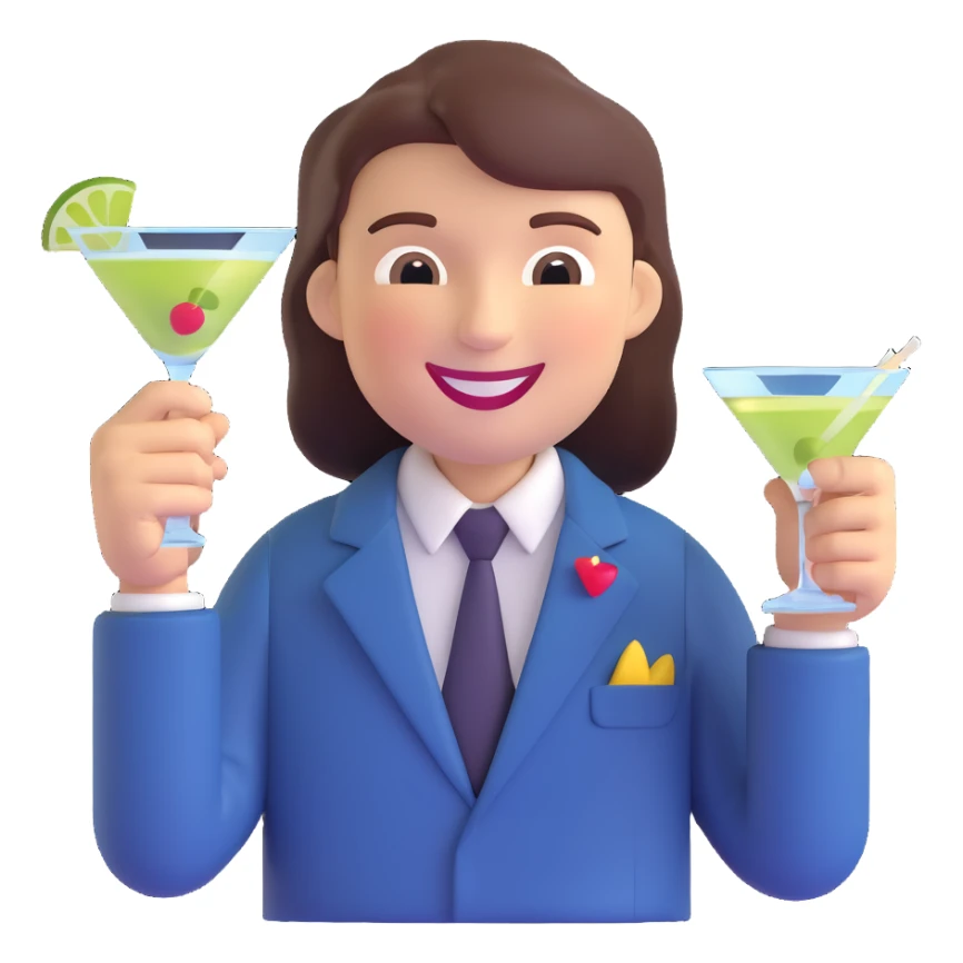 smiling face making rock 'n' roll gesture, holding a martini glass, rainbow theme sticker