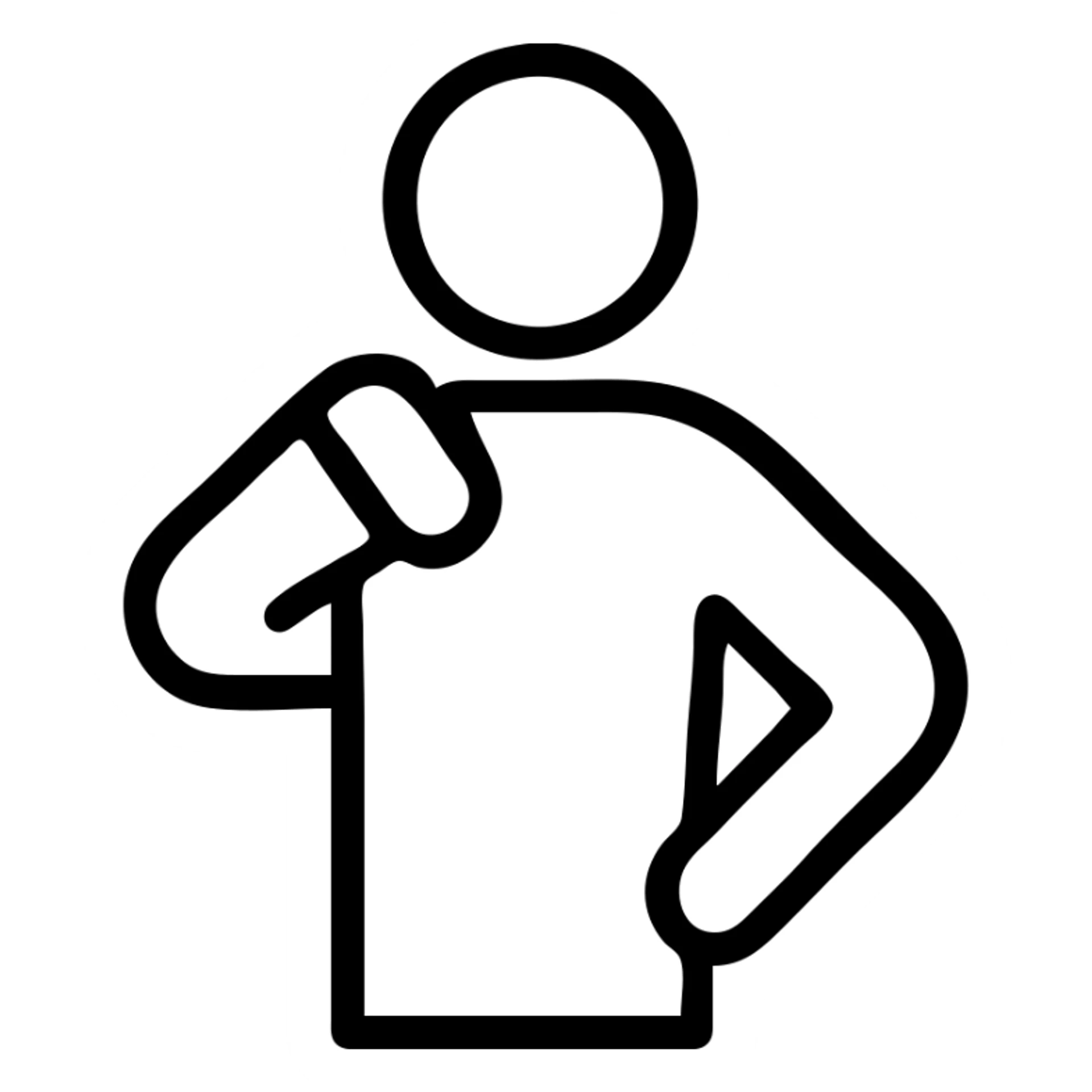 minimalist outline drawing of a man, one hand touching his back shoulder, other hand on waist, no fill, only black outline sticker