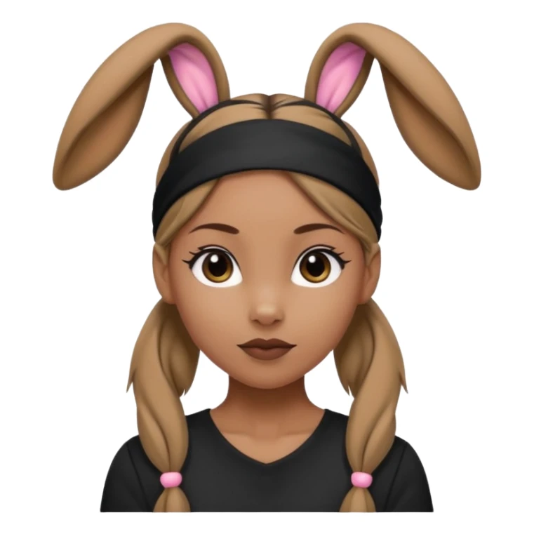 "A tan-skinned person with a high brown ponytail wearing a headband with black bunny ears. The character is dressed in a stylish black outfit. The emoji style should be cute, expressive, and modern — simple but detailed enough to show the ponytail, bunny ears, and outfit clearly." sticker