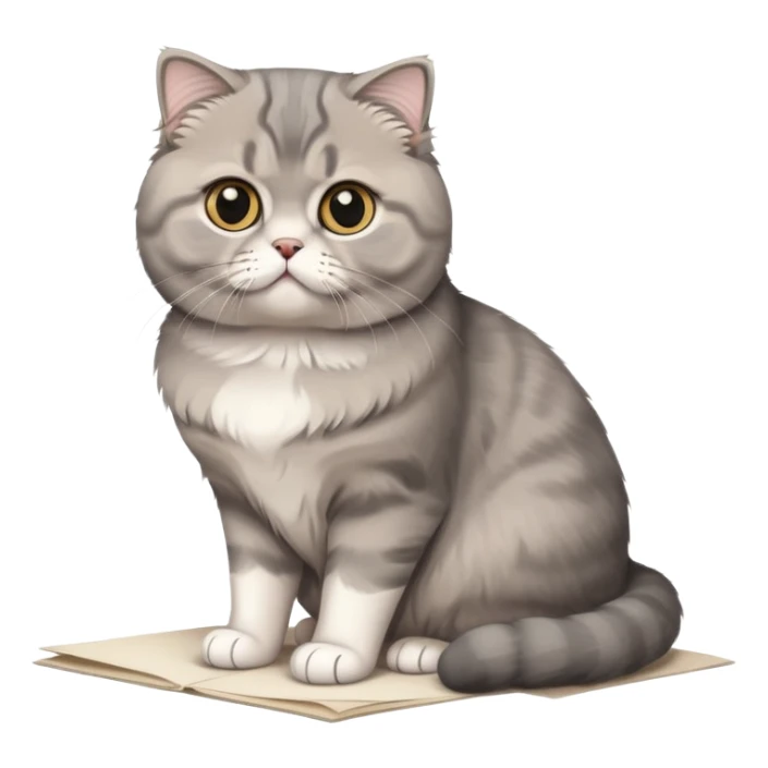 a gray Scottish fold cat sitting on a piece of paper sticker