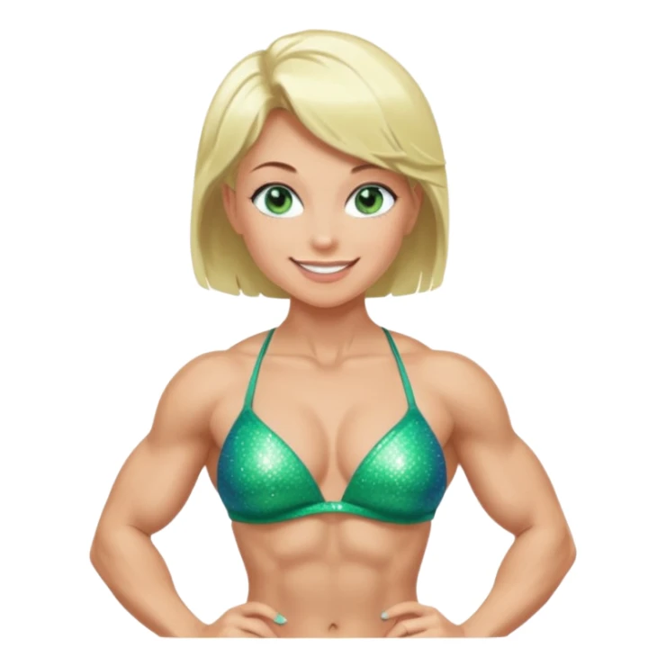 Bodybuilder woman with sparkly green bikini, blue eyes, a smile and short light blonde hair in a bodybuilding side pose sticker