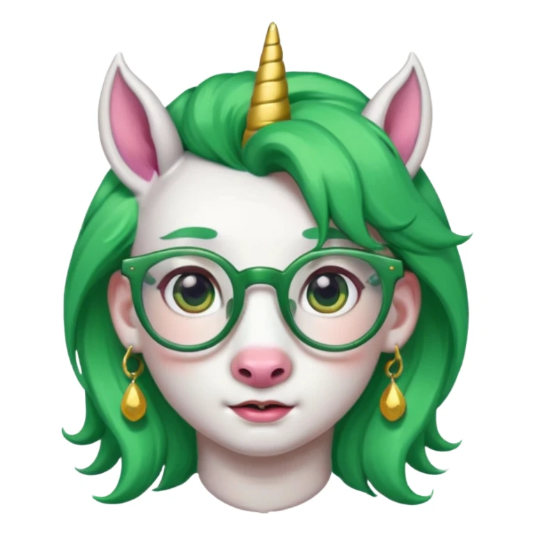 unicorn with green hair and big earrings looking into camera and spectacle sticker