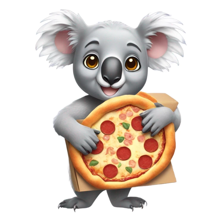 A koala wearing rollerblades holding a pizza box sticker
