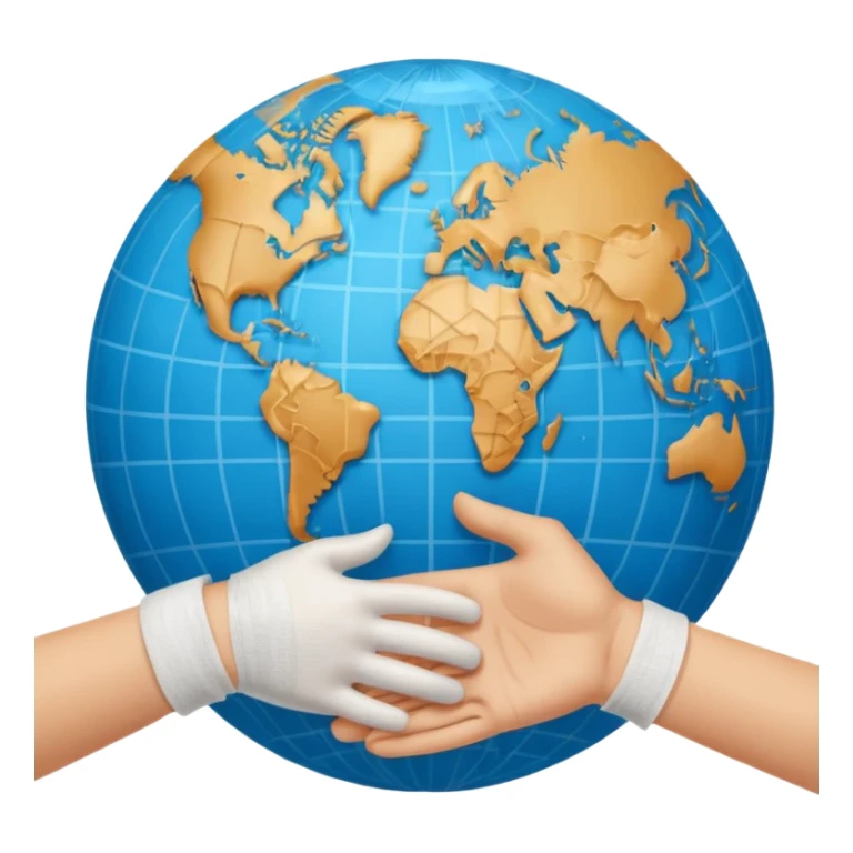 instead of two hands holding a globe, we have two hands handshaking in front of a globe. And in the background, we can see that the globe has a bandage or something. THE GLOBE HAS THE BANDAGE NOT THE HANDS sticker