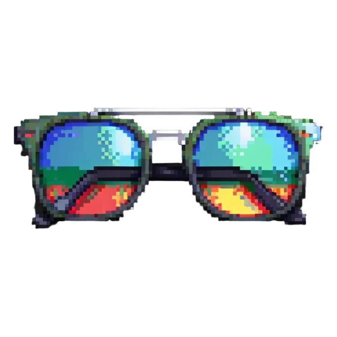 Y2K style pixelated sunglasses with reflective lenses, chrome frames, digital millennium aesthetic sticker