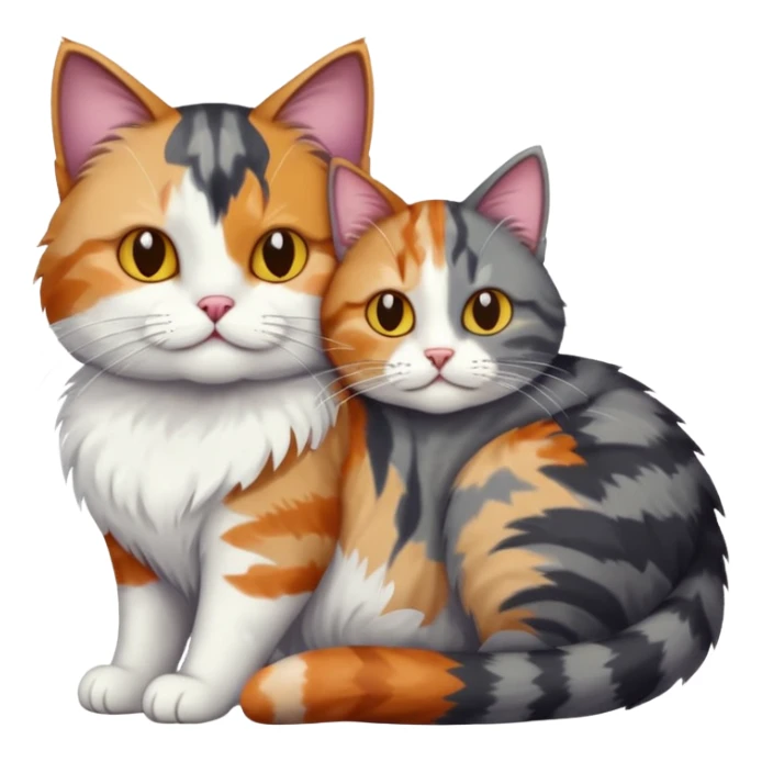 full body colourful light patched calico + white tabby cat cuddling a large dark grey and white tabby cat  sticker
