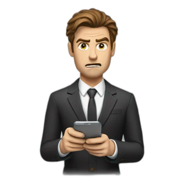 White man with brown hair in a suit writing messages on his cell phone with an angry face sticker