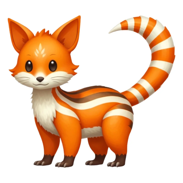 lush warm-colored Fakémon-Trico-creature (full body) with white cheek markings, white-striped tail sticker