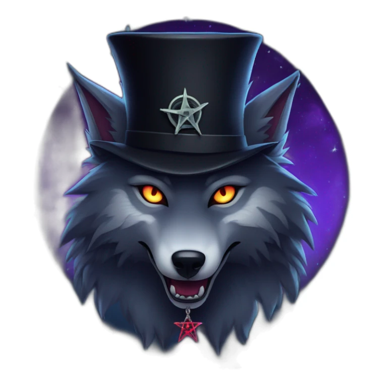 demonic wolf with a pentagram top hat and a pentagram chain with a haunting night background sticker