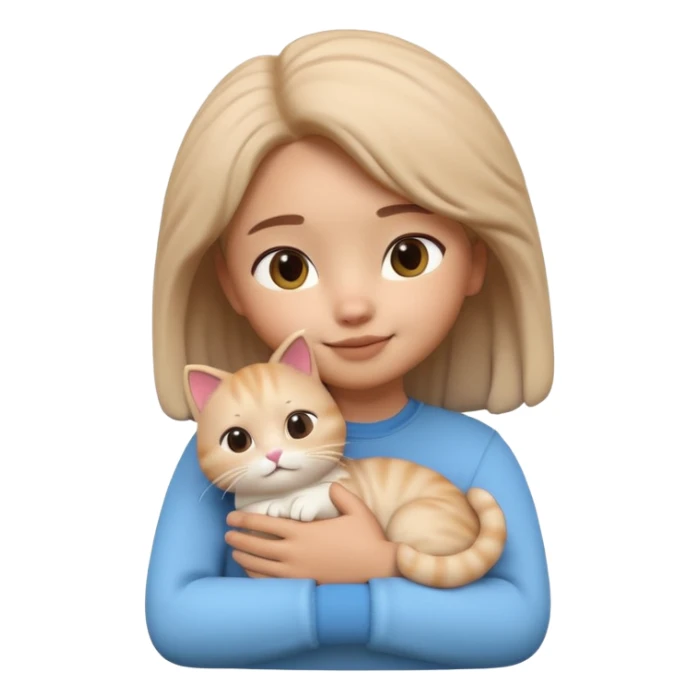 "Apple Memoji style 3D character, a young person gently petting and hugging a cute fluffy cat, peaceful and happy facial expressions, soft studio lighting, clean 3D clay render, vibrant colors, minimalist aesthetic, high detail, high resolution, isolated on a plain white background." sticker
