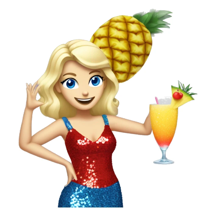 blonde white woman with blue eyes dancing in short red sequin dress while holding pineapple cocktail sticker