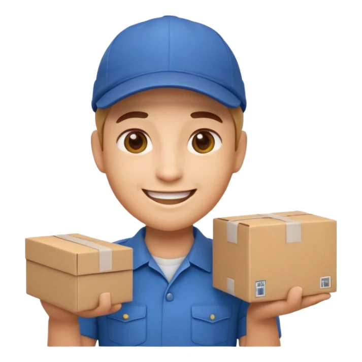 3D Apple-style emoji of a delivery worker holding a cardboard package. Wearing a cap and uniform shirt, smiling expression. Rounded, glossy, smooth, soft shadows, white background.




 sticker