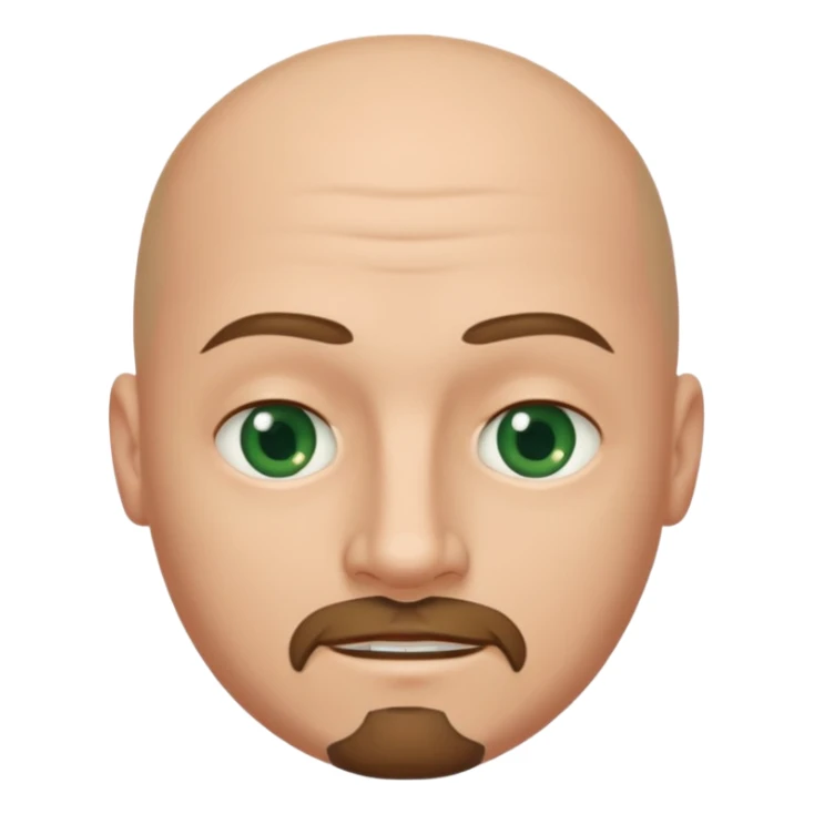 white caucasian bald man's face, with brown  round goatee and dark green eyes, oval face, rounded, big, little eyes a small smile sticker