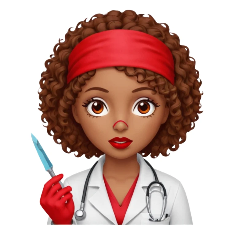 Lilith scalpel in hand, evil surgeon sexy surgeon clothes.  She has red eyes.Her  brown curly hair. Wears sexy doctor outfit with red gloves. Hides mouth necknose with red bandana to hide her identity. Hair is long and brown sticker