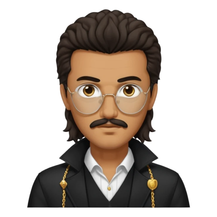 Tedros from The Idol with dark brown long hair and thin mustache, tan skin, black outfit sticker