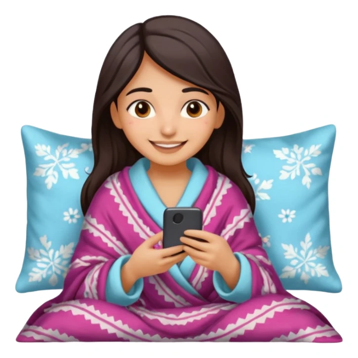 a pretty bratz fair indian girl covered in blanket, wearing pajamas, using phone sticker