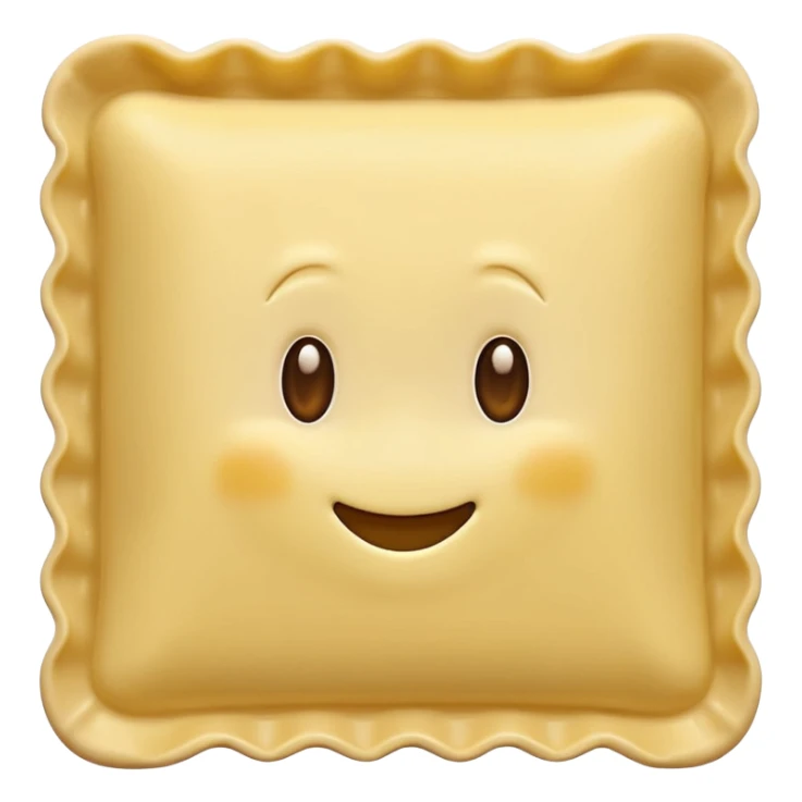 ravioli small square pale yellow crimped edges central bump smooth matte flour dusting loose scatter no plate sauce or garnish soft lighting emoji scale sticker