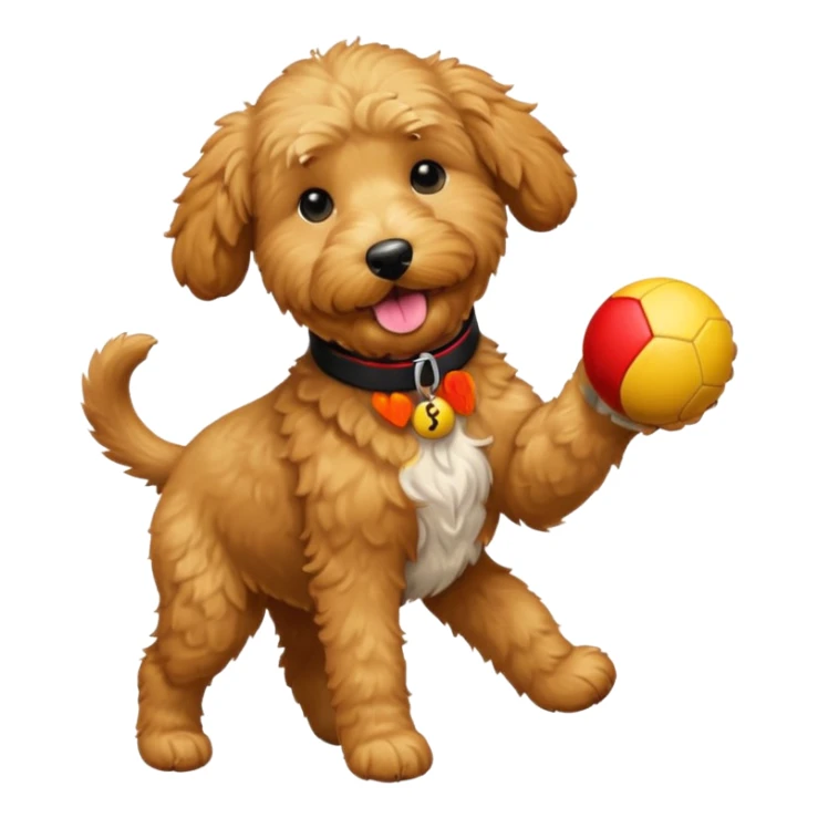 golden doodle with black collar catching a red and yellow ball sticker