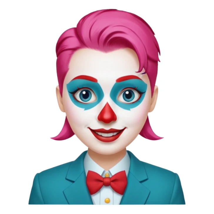 Pink slicked-back hair.

White face paint with blue eyebrows and eye makeup.

Big red nose and wide smile with red lipstick.

Wearing a teal suit with a yellow shirt and red buttons. sticker