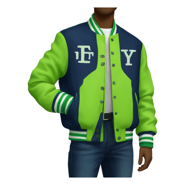 Navy blue college jacket with lime green and white letters sticker