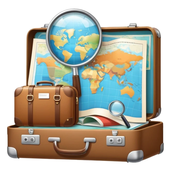 An icon featuring a suitcase, a hotel building, symbolizing the academic study of tourism and hospitality. The design includes a travel map and a magnifying glass, representing research into destinations and hospitality management. Transparent background sticker