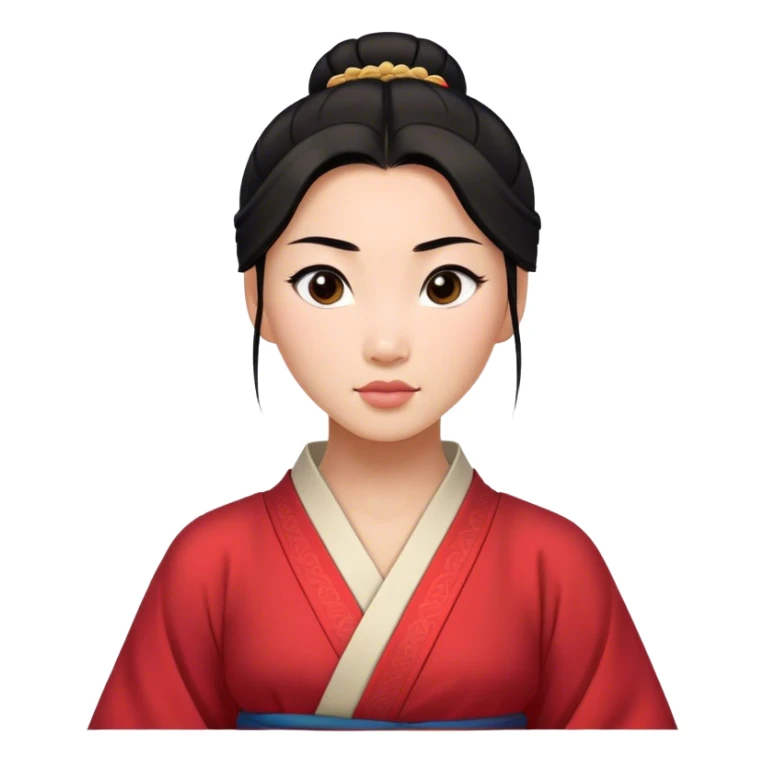 Cinematic Realistic Timeless Mulan Portrait, featuring a serene and confident Mulan with intricately detailed, natural light skin and precisely styled dark hair in a traditional bun. Her expression is calm and assured, and her simple, traditional robe is rendered with realistic textures and delicate, natural folds that catch the light beautifully. The portrait is illuminated by soft, ambient light that creates a natural, radiant finish and subtle glowing outline, perfectly capturing her enduring beauty and quiet strength in a timeless, realistic manner. sticker