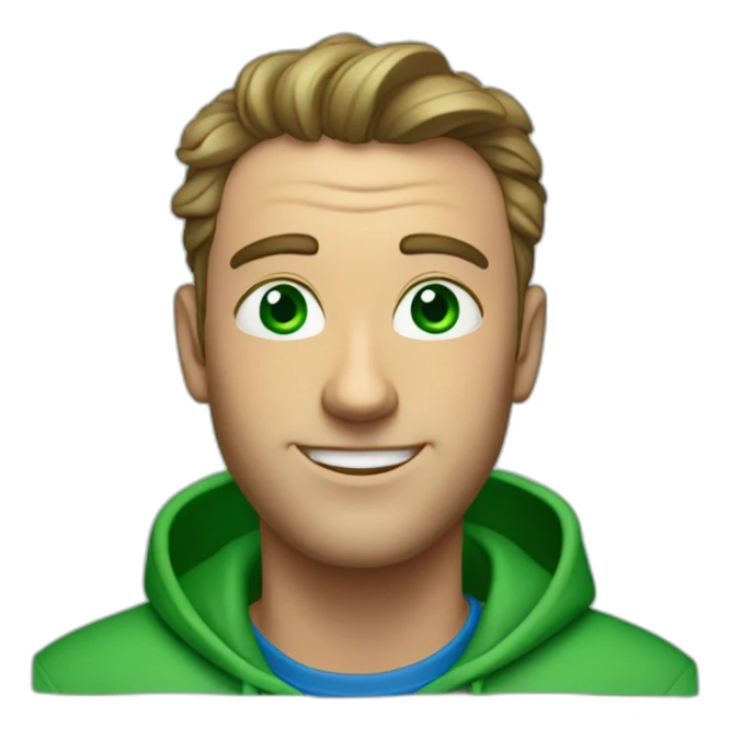 a man, green eyes, blue sweatshirt, green rubies on his head, waves hello sticker