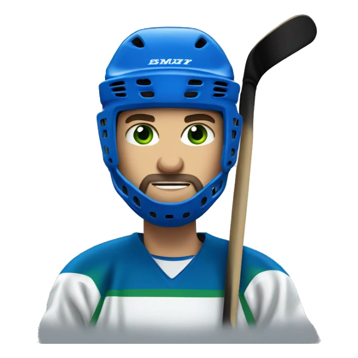 hockey player wearing blue helmet, with green eyes and beard sticker