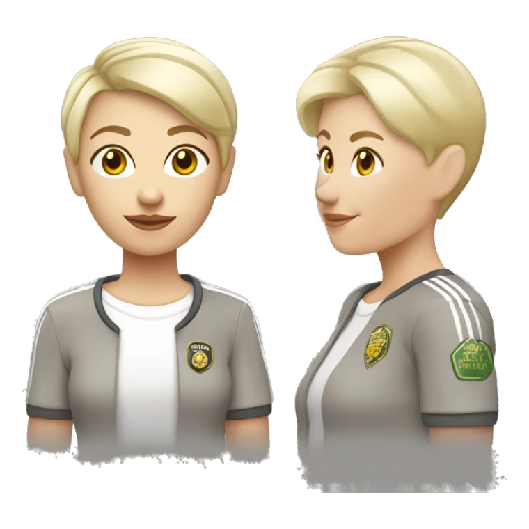 Jesse Maley pretty older white female with platinum blonde, pixie, cut haircut and golden skin and aleeds united shirt and badge sticker