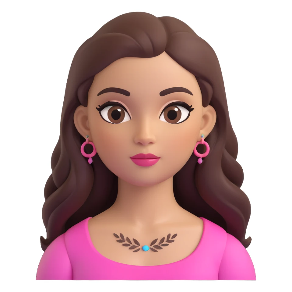 female memoji with oval face, warm light skin tone, rosy cheeks, elegant makeup with long eyelashes, defined eyeliner, soft pink lips, long straight dark brown voluminous hair, arched well-defined eyebrows, dark brown eyes, colorful top, small visible tattoo on arm sticker