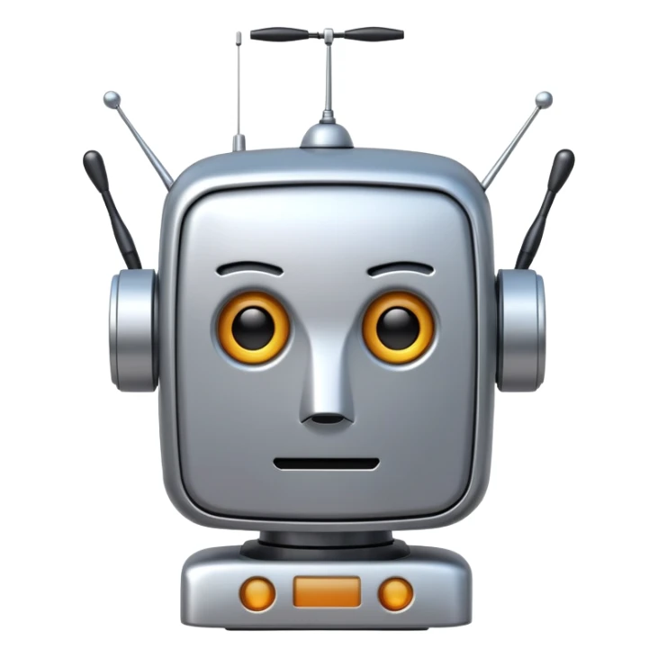 Robot emoji face with square head, digital display eyes, antenna sticker
