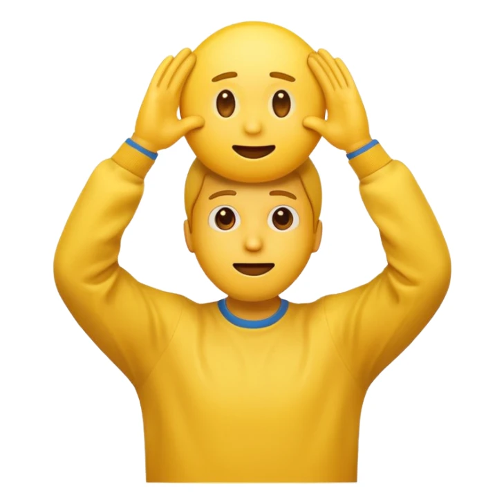 A man with both hands raised above his head. His expression is surprised but confident. Yellow emoji man.  sticker