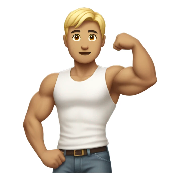 asian personal trainer short golden hair white vest man flexing bicep sticker